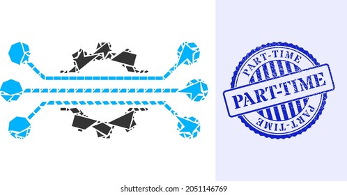 Shard mosaic hitech industry icon, and blue round PART-TIME grunge badge with tag inside round shape. Hitech industry collage icon of shard elements which have various sizes, and positions,