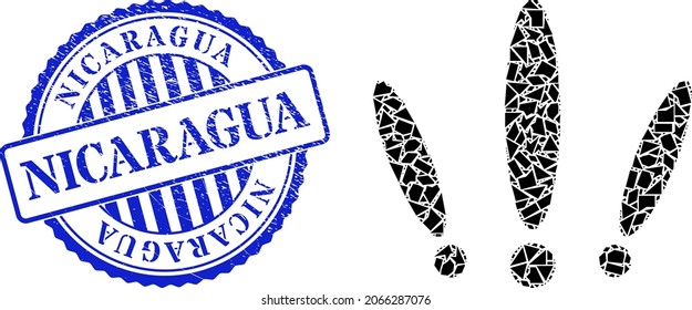 Shard mosaic multiple warnings icon, and blue round NICARAGUA rough stamp seal with tag inside round shape. Multiple warnings mosaic icon of shard items which have various sizes, and positions,