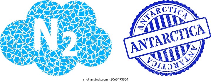 Shard mosaic nitrogen cloud icon, and blue round ANTARCTICA rough stamp print with text inside round form. Nitrogen cloud mosaic icon of fragment parts which have different sizes, and positions,