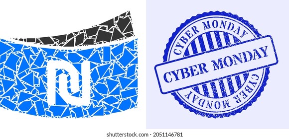 Shard mosaic shekel banknote icon, and blue round CYBER MONDAY grunge stamp imitation with caption inside circle shape. Shekel banknote mosaic icon of detritus particles which have variable sizes,