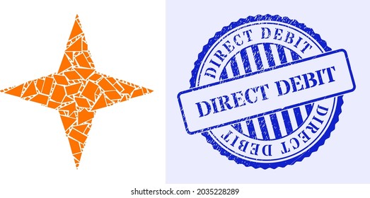 Shard mosaic space star icon, and blue round DIRECT DEBIT textured stamp seal with tag inside round shape. Space star mosaic icon of debris particles which have variable sizes, and positions,