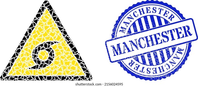 Shard mosaic typhoon danger icon, and blue round MANCHESTER grunge stamp seal with text inside round form. Typhoon danger collage icon of detritus parts which have randomized sizes, and positions,