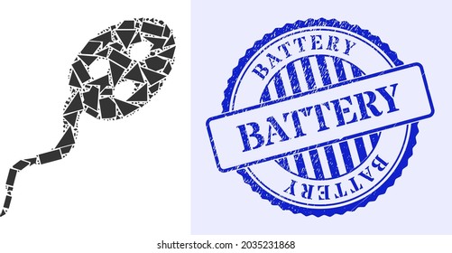 Shard mosaic vibrion microbe icon, and blue round BATTERY corroded stamp seal with caption inside circle form. Vibrion microbe mosaic icon of shard items which have various sizes, and positions,