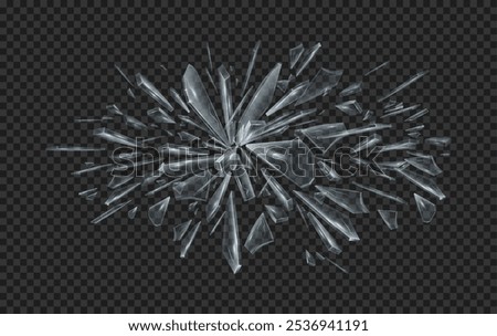 Shards of broken glass abstract explosion, 3D crystals crash, shattered particles motion on black transparent background. Broken glass fragments pieces splash, damaged windshield