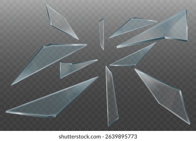 Shards of clear glass fly across a transparent background with realistic sharp edges and light reflections.