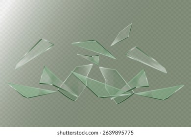 Shards of clear glass fly across a transparent background with realistic sharp edges and light reflections.
