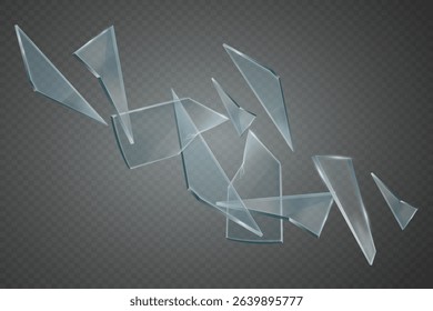 Shards of clear glass fly across a transparent background with realistic sharp edges and light reflections.