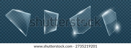 Shards of clear glass fly across a transparent background with realistic sharp edges and light reflections.