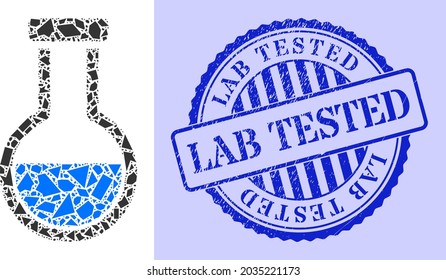 Shards mosaic analysis flask icon, and blue round LAB TESTED rough stamp print with word inside round form. Analysis flask collage icon of fragment elements which have various sizes, and positions,