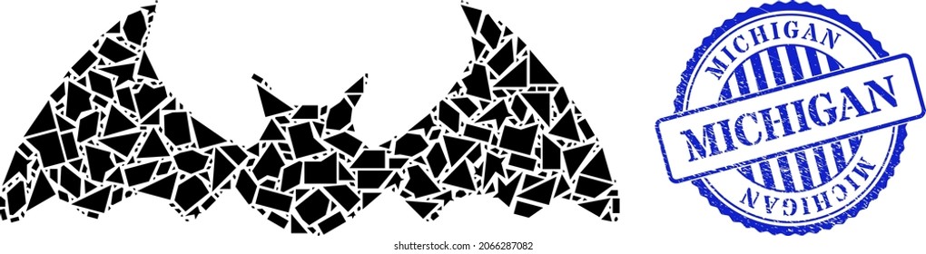 Shards Mosaik Fledermaus Symbol und blau rund MICHIGAN Grunge Stempel Siegel mit Anhänger in Kreisform. Mosaiksymbol der Battmaus von Schärfentiefen, die unterschiedliche Größen, Positionen und Farbtöne haben.