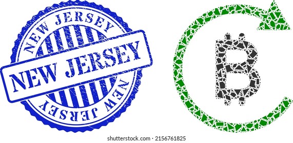 Shards mosaic bitcoin repay icon, and blue round NEW JERSEY rough stamp seal with text inside round shape. Bitcoin repay mosaic icon of detritus elements which have variable sizes, and positions,