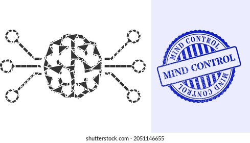Shards mosaic brain circuit icon, and blue round MIND CONTROL rubber stamp seal with tag inside round shape. Brain circuit collage icon of shatter parts which have randomized sizes, and positions,