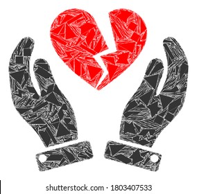 Shards mosaic broken heart care hands icon. Broken heart care hands collage icon of detritus elements which have randomized sizes, and positions, and color tints. Vector collage for abstract images.