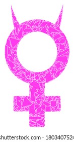 Comparte un ícono de símbolo de hembra del demonio mosaico. Icono de collage de símbolos femeninos malvados de elementos shards que tienen varios tamaños, posiciones y matices de color. Collage de vectores para imágenes abstractas.