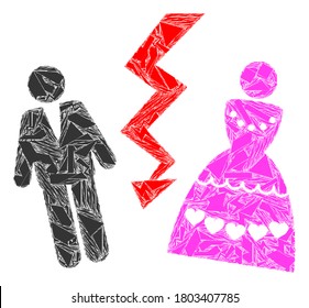 Comparte el icono del mosaico divorcios de personas. Las personas divorciadas mosaico icono de elementos de fragmentos que tienen tamaños y posiciones variables, y tonos de color. Composición vectorial para imágenes abstractas.
