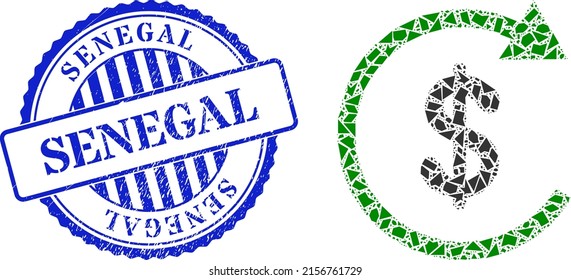 Shards mosaic dollar repay icon, and blue round SENEGAL scratched stamp seal with caption inside circle form. Dollar repay collage icon of shards elements which have variable sizes, and positions,