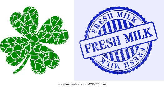 Comparte mosaico con suerte icono de hoja de trébol y azul redondo FRESH MILK rayado sello con palabra dentro de forma redonda. Icono de collage de hojas de trébol afortunado de elementos de fragmentos de distintos tamaños,