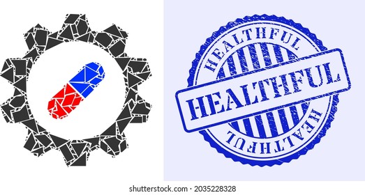 Shards mosaic pharma industry icon, and blue round HEALTHFUL corroded stamp imitation with tag inside round shape. Pharma industry mosaic icon of shards particles which have variable sizes,