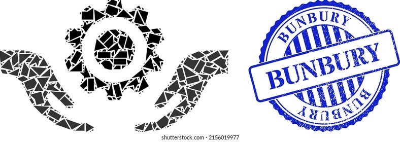 Shards mosaic repair service hands icon, and blue round BUNBURY grunge stamp imitation with tag inside circle shape. Repair service hands mosaic icon of shard elements which have randomized sizes,