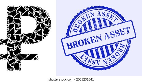 Shards Mosaik Rubel Symbol und blau rund BROKEN ASSET schmutzige Robbe mit Bildunterschrift in runder Form. Rubel-Mosaik-Symbol aus Schilden Elemente, die verschiedene Größen, Positionen und Farbtöne haben.