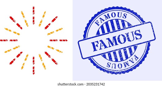 Shards Mosaik-Strahlen-Symbol und blauer, runder, FAMOUS-Gummistempel mit Text in runder Form. Mosaiksymbol von Bruchstücken, die randomisierte Größen und Positionen aufweisen;