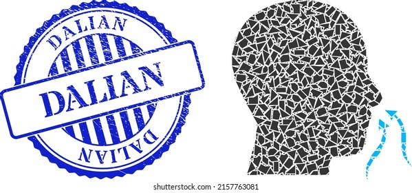 Shards mosaic smell sniffer icon, and blue round DALIAN grunge seal with caption inside round form. Smell sniffer mosaic icon of shatter particles which have different sizes, and positions,