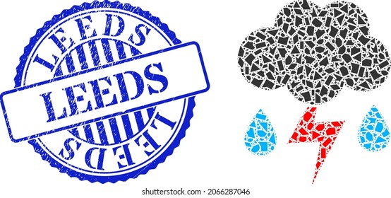 Shards mosaic thunderstorm rain icon, and blue round LEEDS grunge stamp with text inside round form. Thunderstorm rain mosaic icon of debris parts which have randomized sizes, and positions,