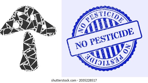 Shards mosaic toxic mushroom icon, and blue round NO PESTICIDE dirty stamp seal with word inside round form. Toxic mushroom mosaic icon of shard parts which have different sizes, and positions,