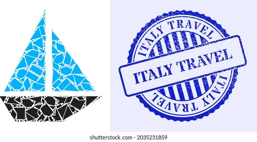 Shards mosaic yacht icon, and blue round ITALY TRAVEL scratched seal with tag inside round form. Yacht mosaic icon of shards particles which have variable sizes, and positions, and color shades.