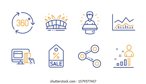 Share, 360 degree and Arena stadium line icons set. Sale coupon, Online payment and Brand ambassador signs. Trade infochart, Stats symbols. Follow network, Virtual reality. Business set. Vector
