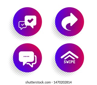 Share, Approve and Message icons simple set. Halftone dots button. Swipe up sign. Link, Accepted message, Chat bubble. Scrolling arrow. Business set. Classic flat share icon. Vector