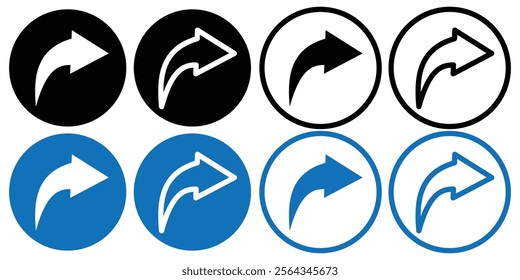 Share arrow icon. Curved arrow share icon. Forward arrow icon. Back arrow set. Share publish social media icon. Vector illustration.