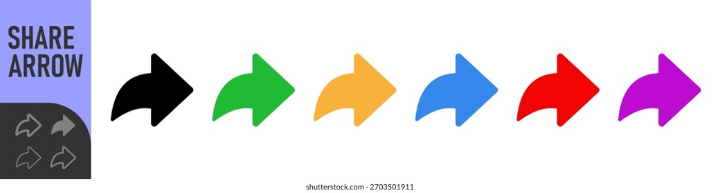 Share arrow icon. Reply, send, forward icons. Editable stroke, outline, and solid icons. For social media, sharing, sending and app interfaces. Colorful set of vector icons