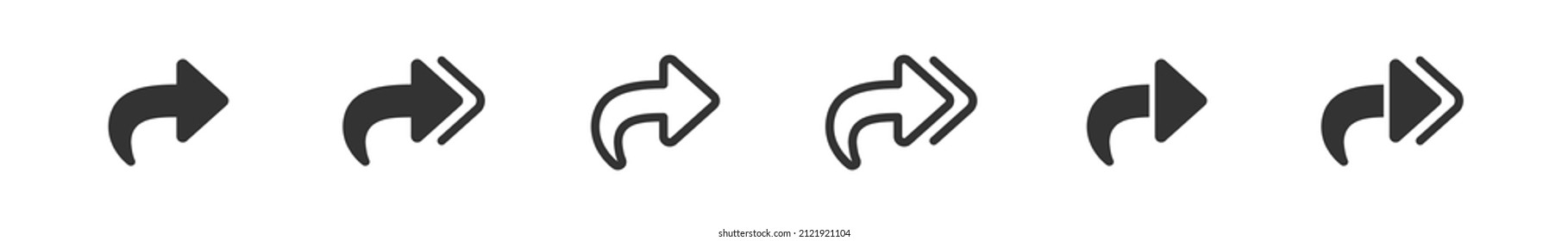 Share arrow icon. Right web button symbol. Curve arrow sign. Double forward in vector flat style.