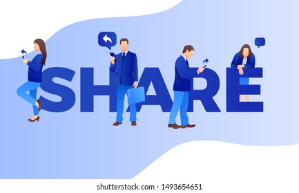 Share background with text and people. Social media marketing concept. Flat style design with gradient. Modern vector.