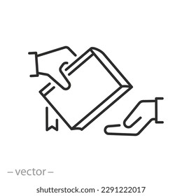 
share book icon, bookcrossing concept, library club, give book to friend, thin line symbol - editable stroke vector illustration