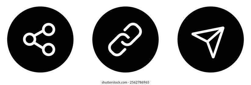 Share button collection. Chain, link and share link vector icon set in black color isolated. Share button icon set isolated on white background. Share icon button flat design. Vector illustration.