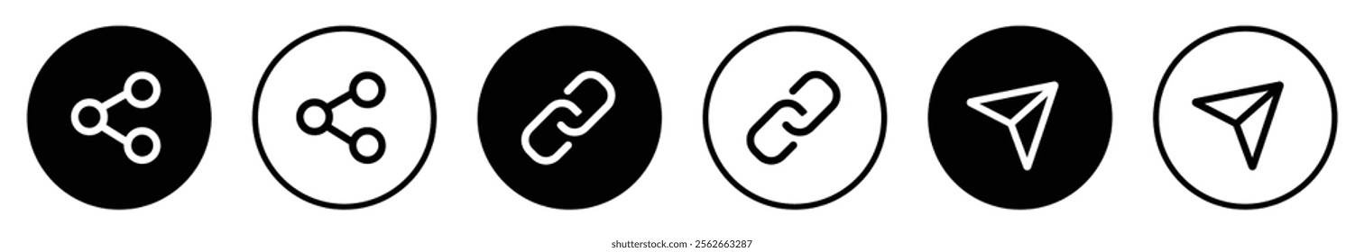 Share button collection. Share icon buttons set isolated. Share button icon set isolated on white background. Share icons button in flat and outline style. Vector illustration.