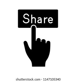 Share button glyph icon. Social media activity. Hand pressing button. Silhouette symbol. Negative space. Vector isolated illustration