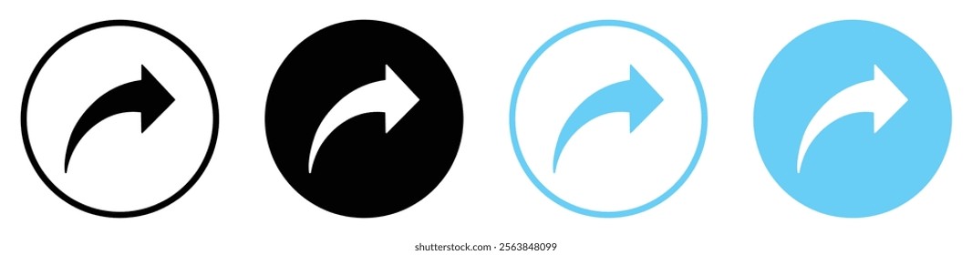 Share button icon set with arrow black and blue color. Share icon buttons with arrow. Share button sign symbol. Send message icon. Silhouette and outline design. Vector illustration.