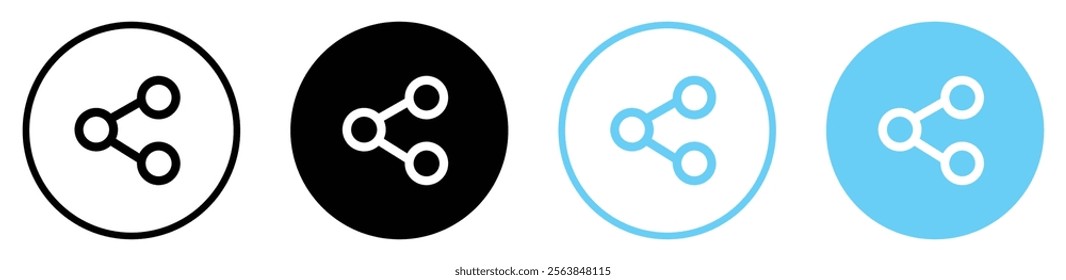 Share button icon set in black and blue color. Set of share icon buttons. Share button collection. Reel share button, send message icon, internet sharing. Flat and outline design. Vector illustration.