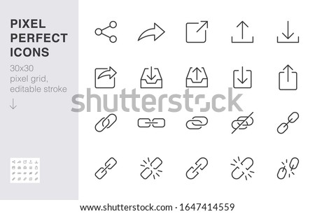 Share button line icon set. Link, broken hyperlink, download, publish, attach chain minimal vector illustrations. Simple outline signs for web application url. 30x30 Pixel Perfect. Editable Strokes.