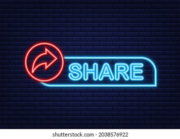 Share button in neon style on blue background. Social media. Vector stock illustration.