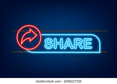 Share button in neon style on blue background. Social media. Vector stock illustration