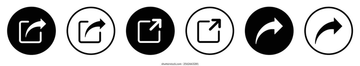 Share buttons collection. Share icons button set isolated. Share button icon set isolated on white background. Share icon button flat and outline style. Vector illustration.