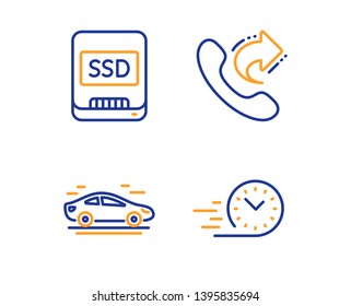 Share call, Car and Ssd icons simple set. Fast delivery sign. Phone support, Transport, Memory disk. Stopwatch. Technology set. Linear share call icon. Colorful design set. Vector