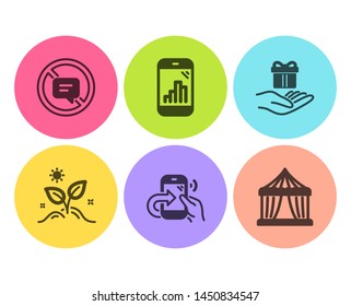 Share call, Grow plant and Stop talking icons simple set. Graph phone, Loyalty program and Circus tent signs. Phone support, Leaves. Flat share call icon. Circle button. Vector