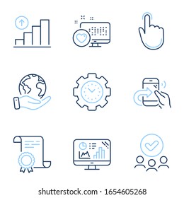 Iconos de línea de gráficos de gráficos de gráficos Heart y Graph de llamada compartida. Certificado de Diploma, planeta salvado, grupo de personas. Gráfico de análisis, clic manual y signos de administración de tiempo. Vector