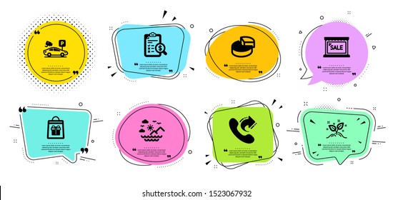 Share call, Parking security and Sea mountains line icons set. Chat bubbles with quotes. Sale, Startup concept and Holidays shopping signs. Pie chart, Accounting report symbols. Vector