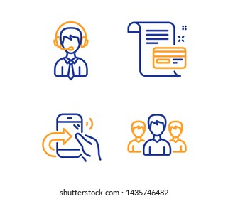 Share call, Shipping support and Payment card icons simple set. Group sign. Phone support, Delivery manager, Agreement conditions. Group of people. Business set. Linear share call icon. Vector